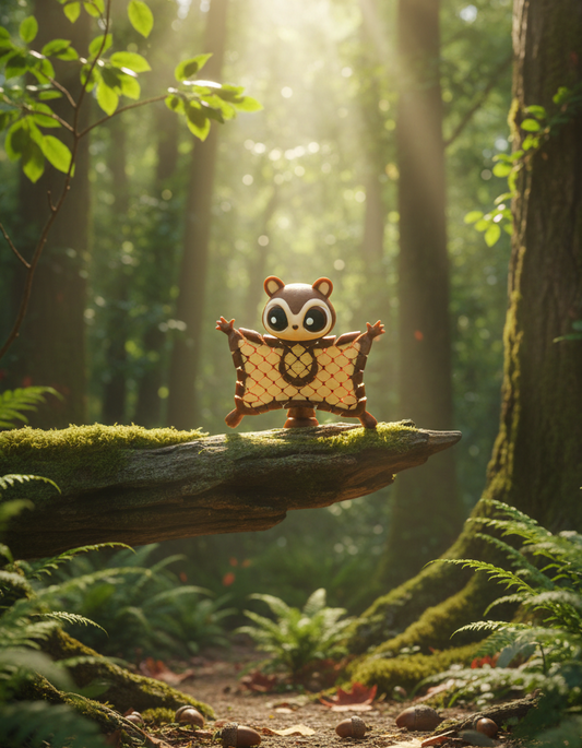 Figurine articulée d'un écureuil volant (merle) imprimée en 3D à Limoges, montrant ses membranes de vol déployées et ses grands yeux noirs