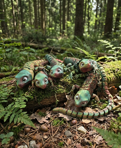 Vue d'ensemble d'une figurine fidget articulée Abronia imprimée en 3D, ressemblant à un petit dragon aux écailles vertes et brunes irisées, fabriqué à Limoges.